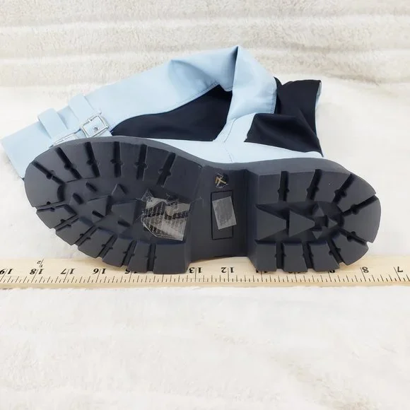 Techno Baby Blue Lycra Stretch Lug Sole Thigh High Combat Rider Brand New - Picture 10 of 16